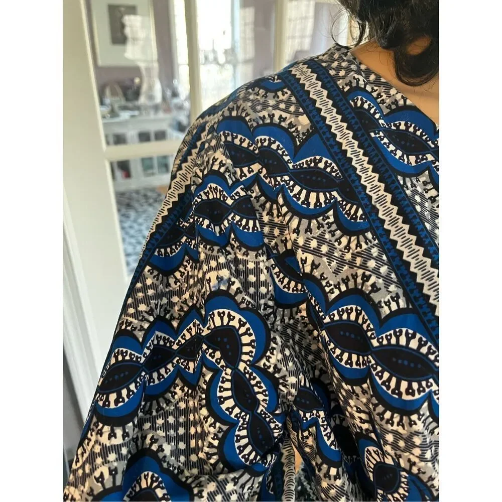 Ray Darten Blue & Black African Print Wrap Puff Sleeve Dress sz 1X EUC